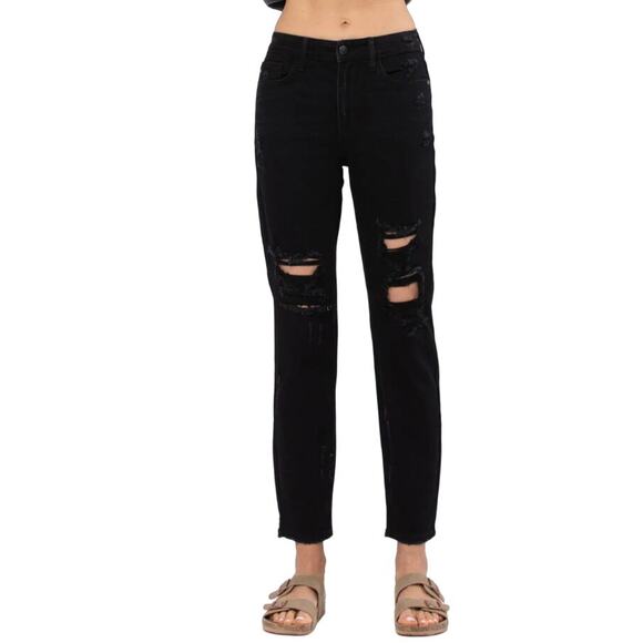 NWT Judy Blue High Waist Destroyed Boyfriend Fit Black Jeans Women's Size 0/24 - Picture 1 of 7